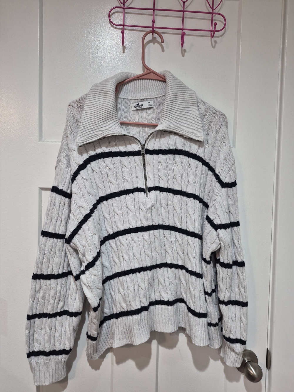 Wild Fable White Cable-Knit Half-Zip Sweater with Black Stripes